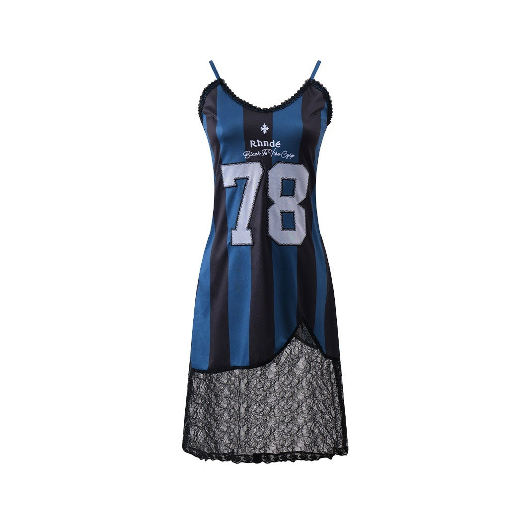No.78 Blue Striped Lace Edge Jersey Football Style Strap Dress