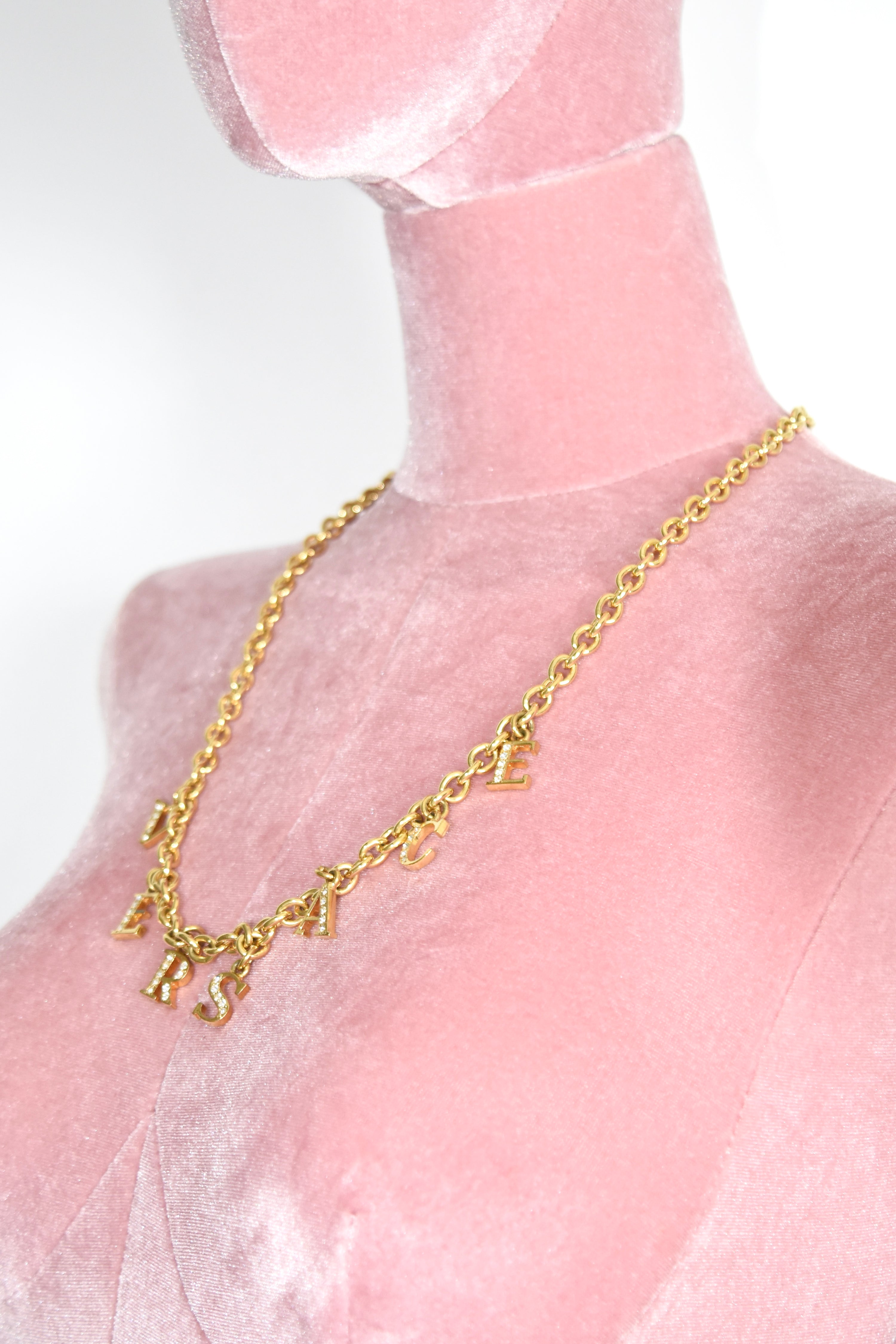 VERSACE Rhinestone Logo Gold Chain Necklace