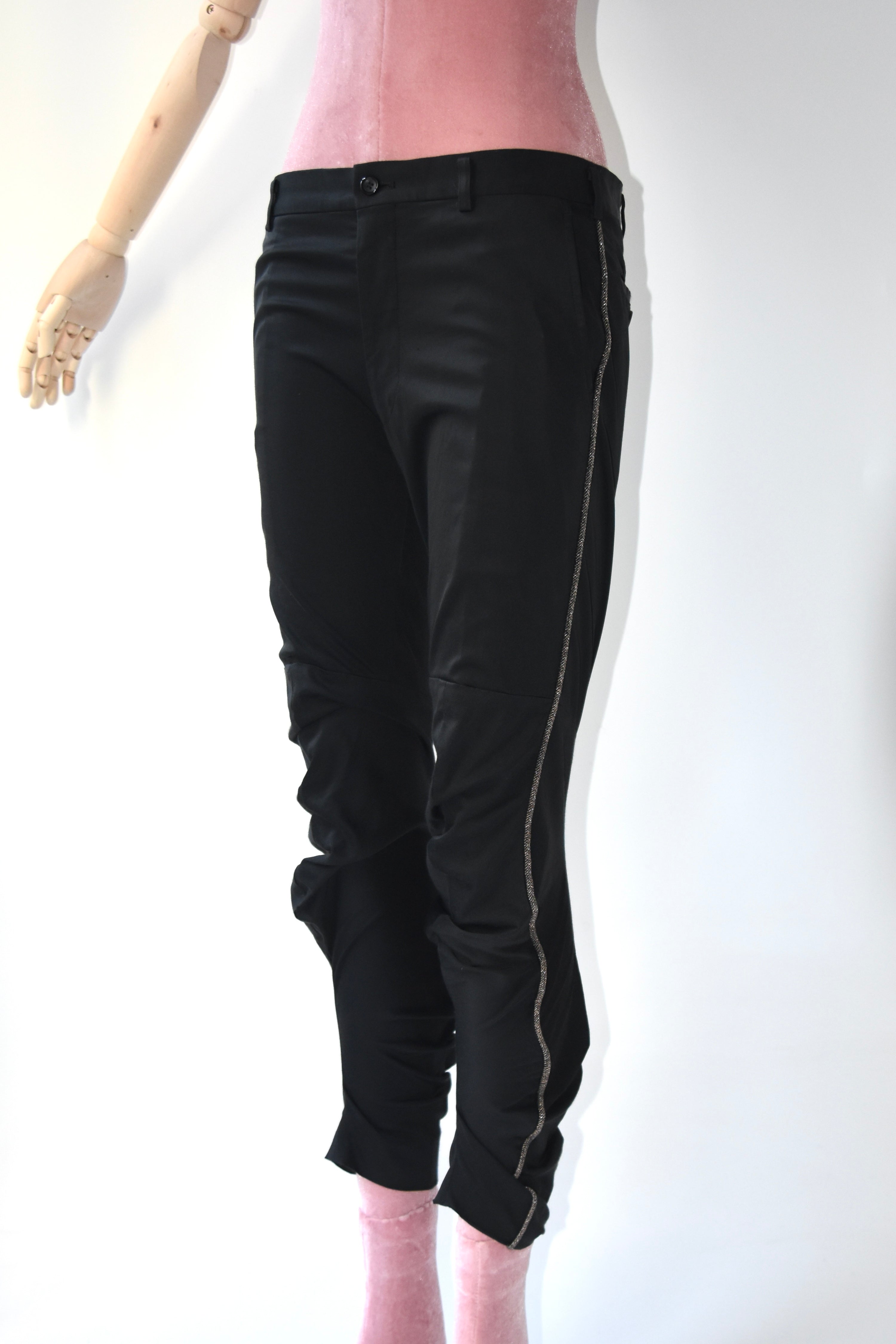 Comme des Garçons AD2010 Twisted Tailored Cropped Pants – Black Sculptural Gold-Trim Vintage Trousers