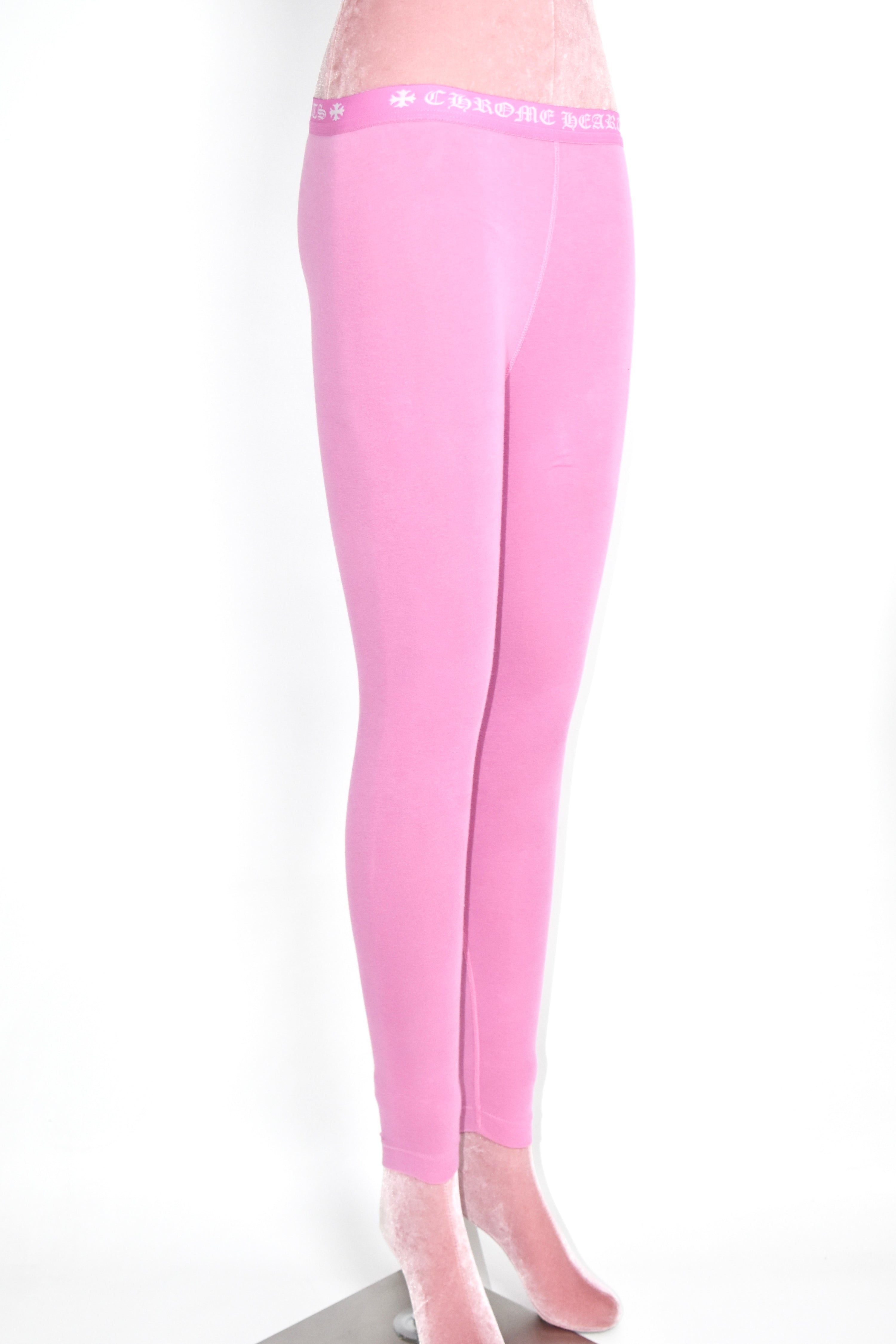 Chrome Hearts Pink Gothic Logo Leggings – Cross Shield Print Stretch Pants