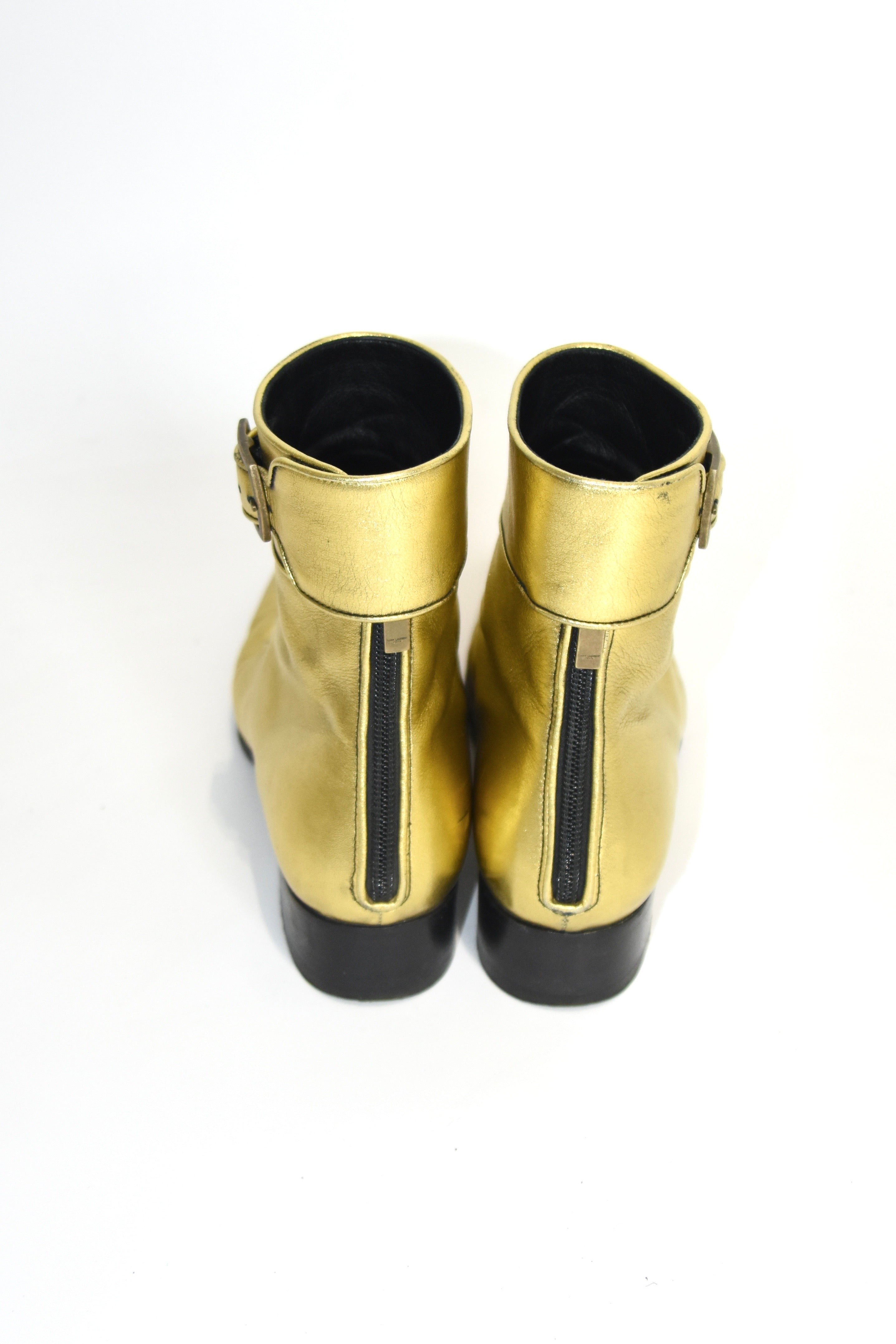 Saint Laurent Gold Sculpted Leather Ankle Boots