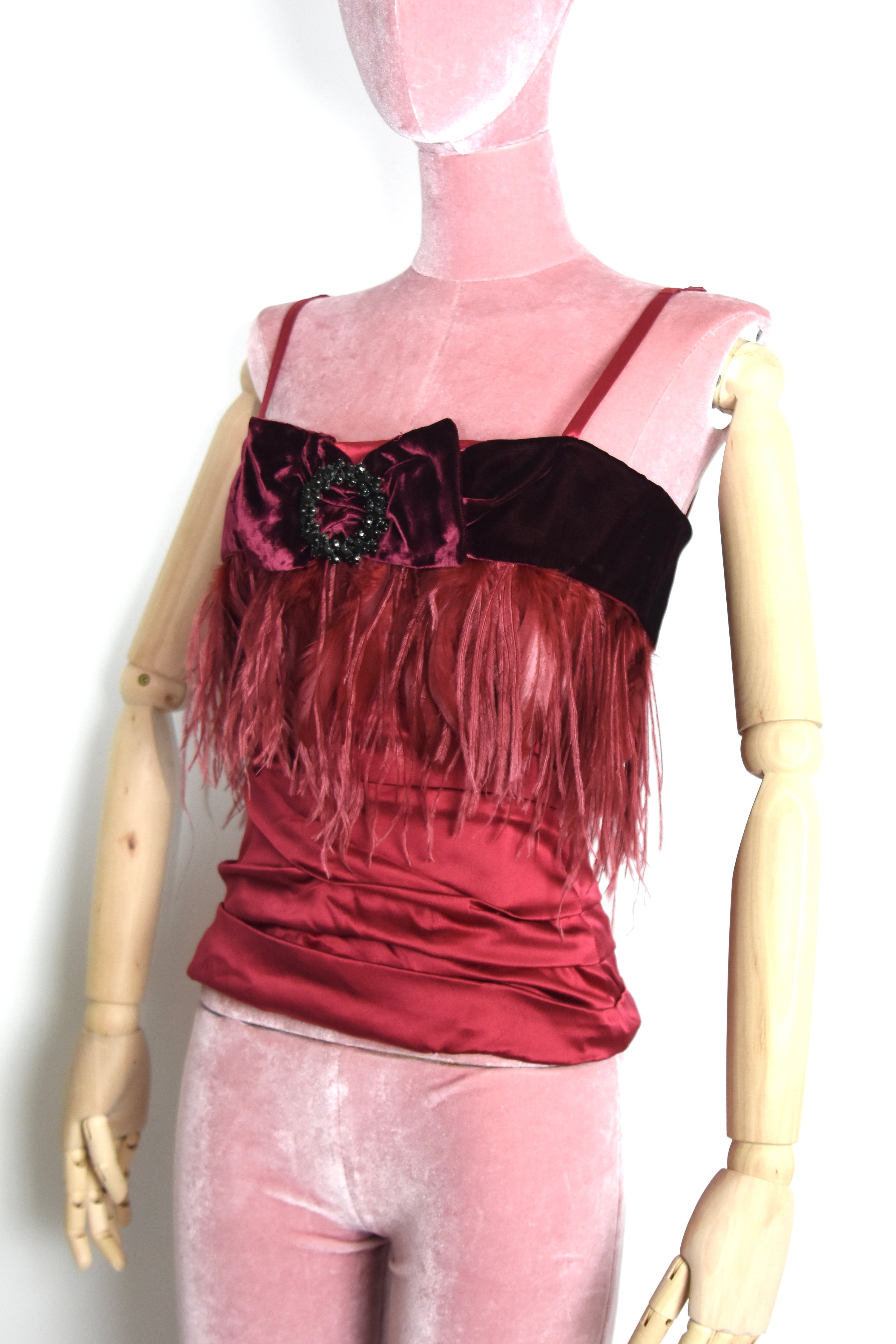 Dolce & Gabbana F/W 2002 Burgundy Velvet Ostrich Feather Corset