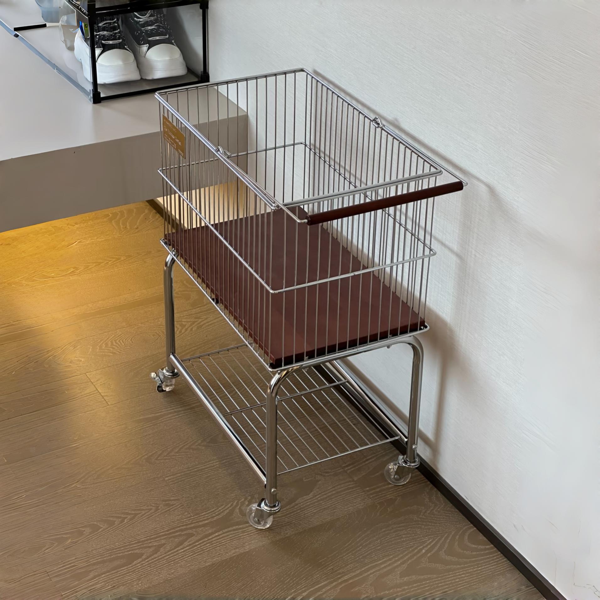 Vintage Style Double-Layer Mobile Laundry Basket for Home Bathroom Clothes Storage Bin High-Value Light Luxury Storage Rack