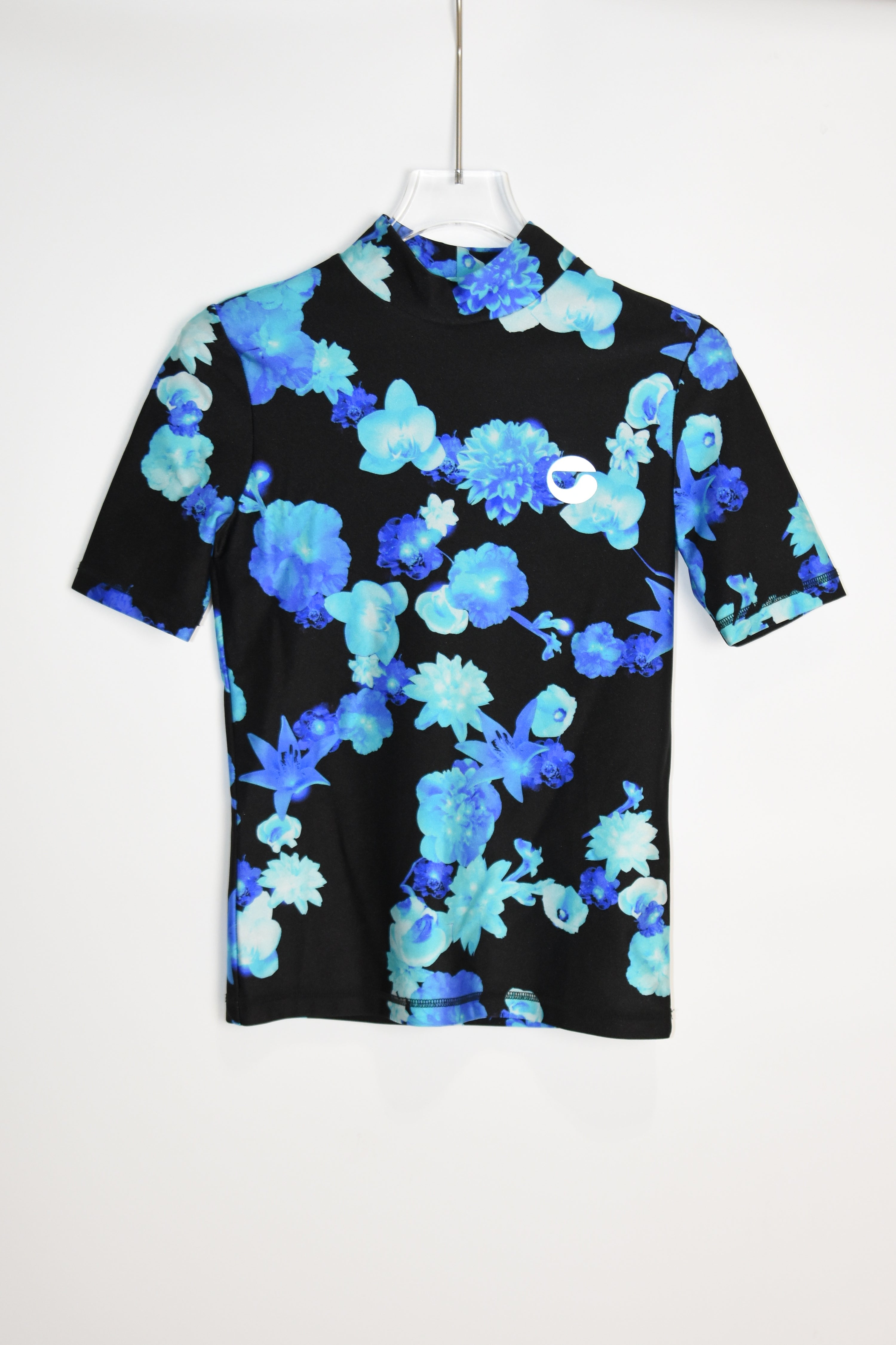 Coperni Blue Floral Stretch Glossy Top – Women’s Size S (Digital Print / Mock Neck / Technical Jersey)