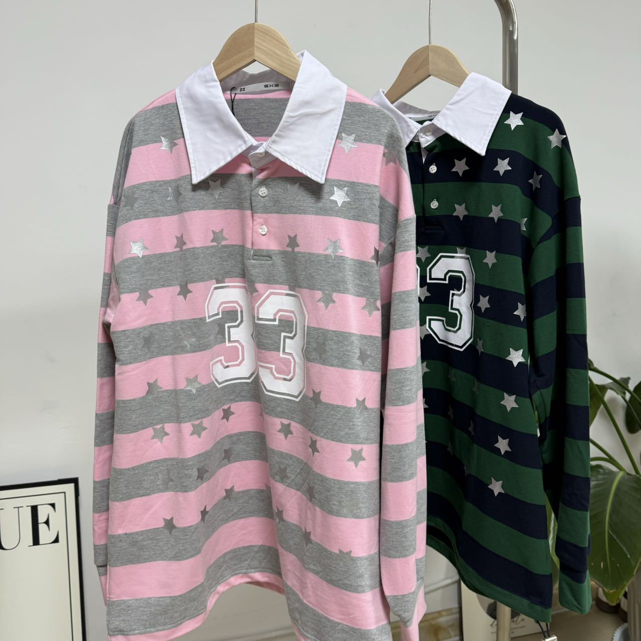Korean Loose Pink and Grey Striped Polo Sweatshirt Top