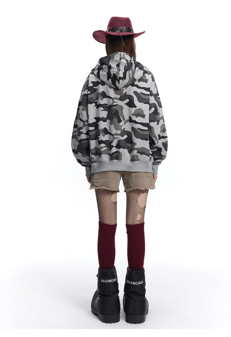 Grey Camouflage Loose Hooded Sweatshirt Autumn Jacket for Men and Women