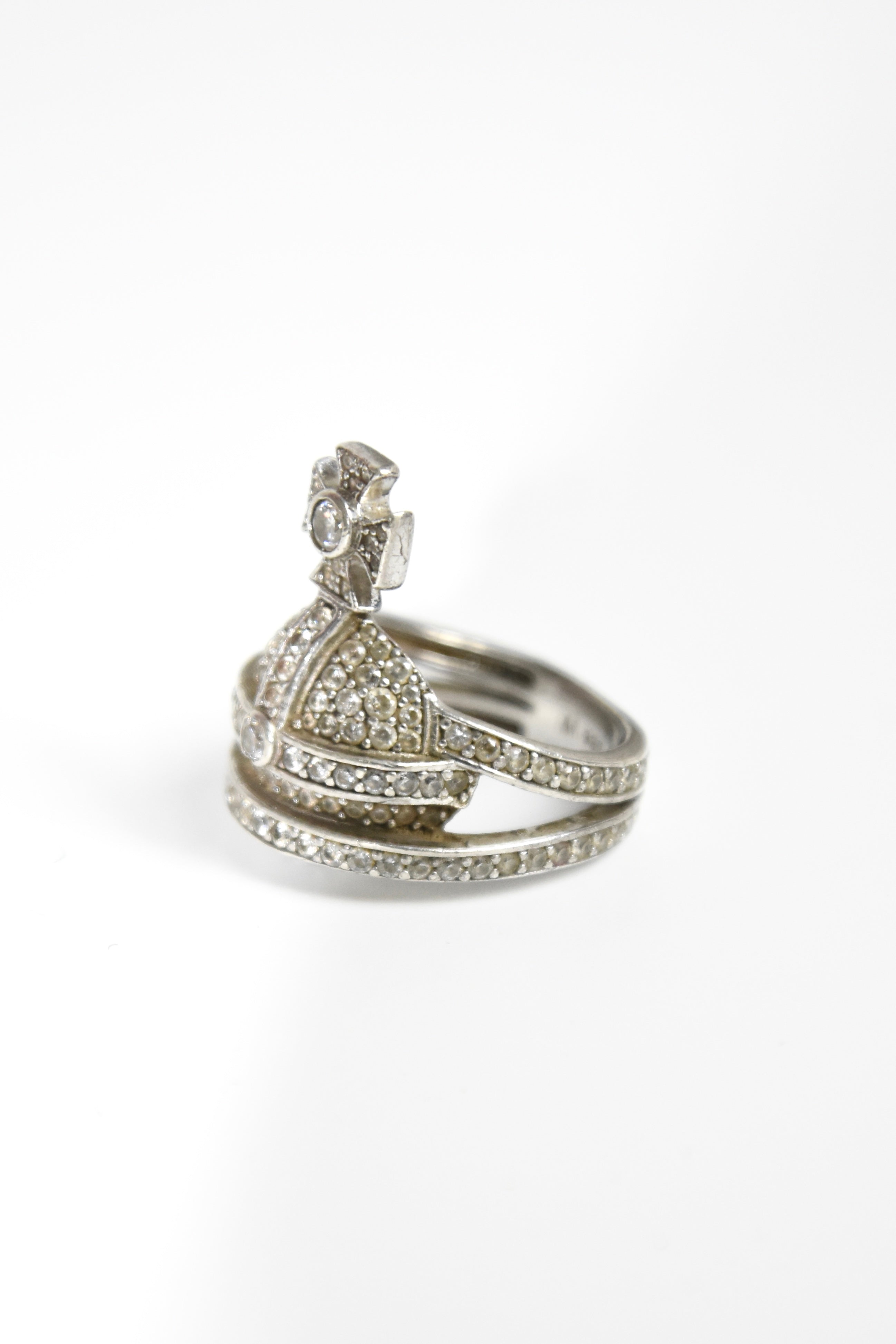 Vivienne Westwood Orb Crystal Ring – Vintage White Rhinestone Saturn Statement Ring