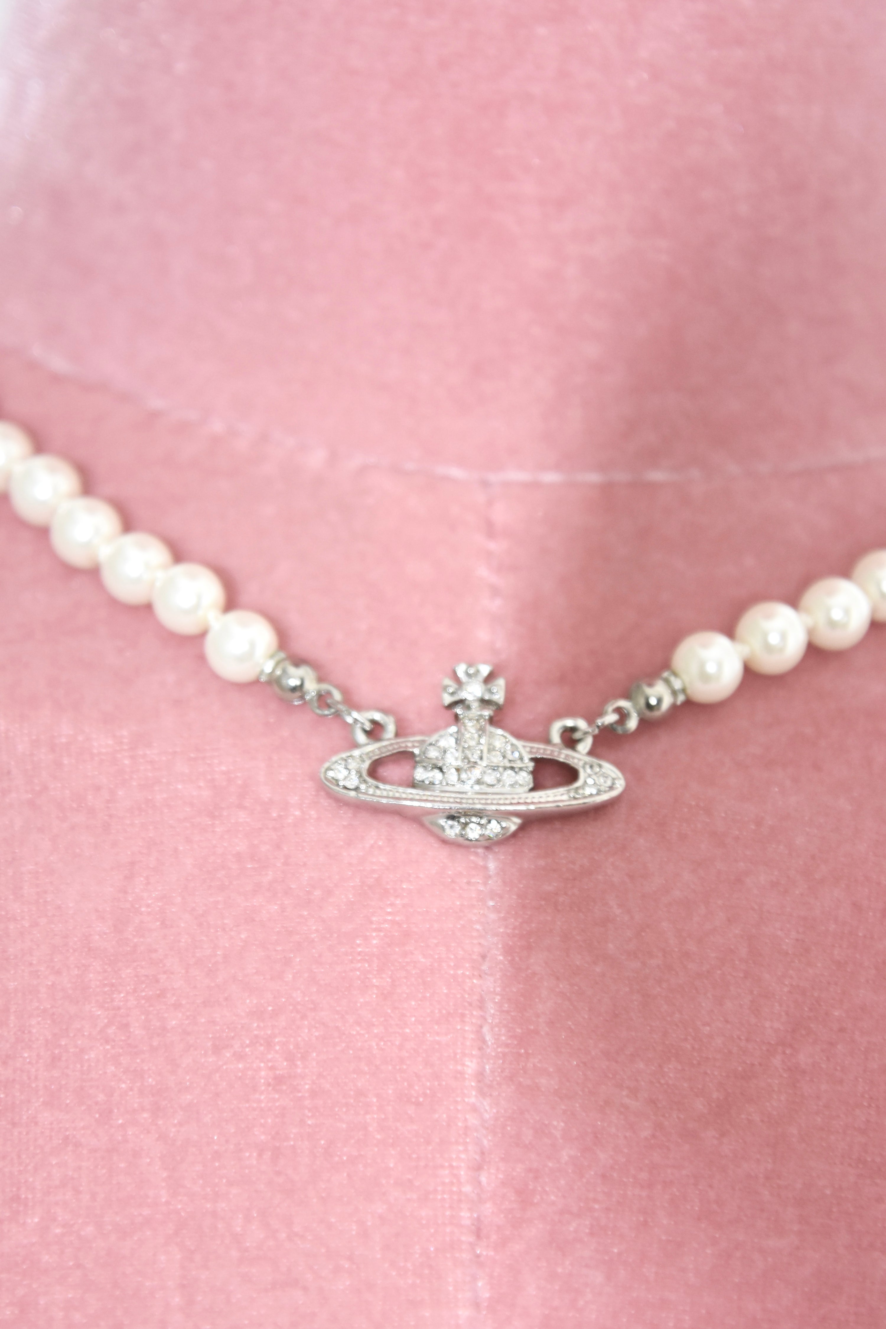 Vivienne Westwood Orb Pearl Necklace with Crystal Embellished Pendant – Classic Vintage Icon Piece