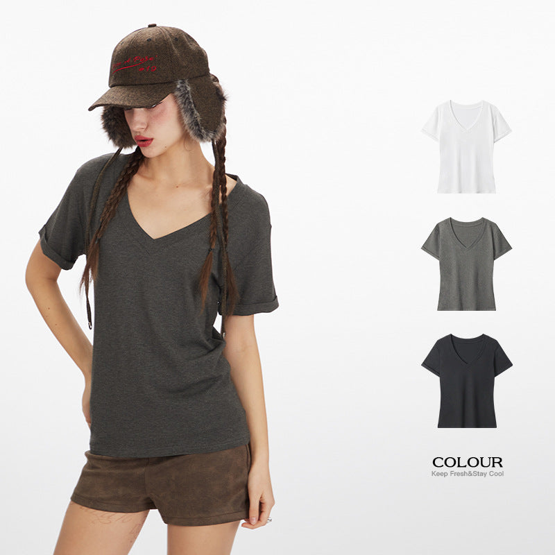 Simple Hot Girl Slimming Solid Color Top Slim Fit V Versatile Basic Short Sleeve Shirt T Women's T-shirt