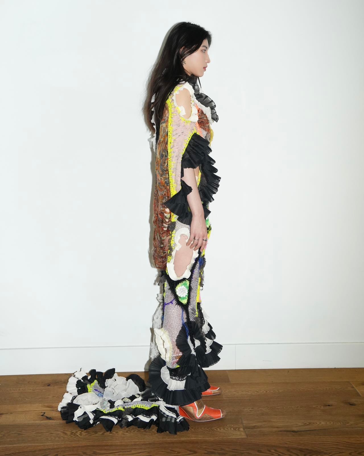 YAONOVA Hand-Knitted Ruffle Dress with Train