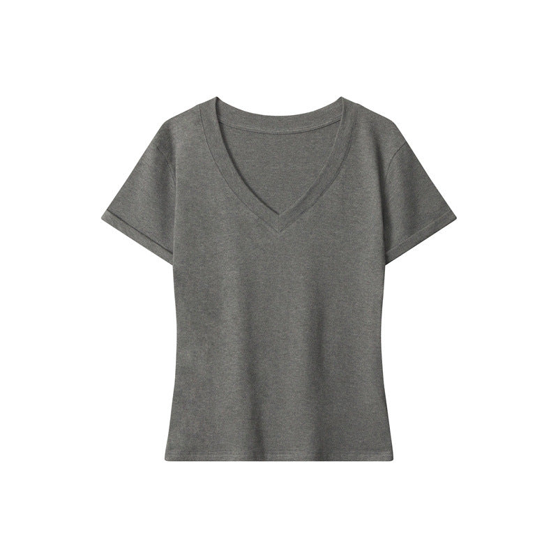Simple Hot Girl Slimming Solid Color Top Slim Fit V Versatile Basic Short Sleeve Shirt T Women's T-shirt