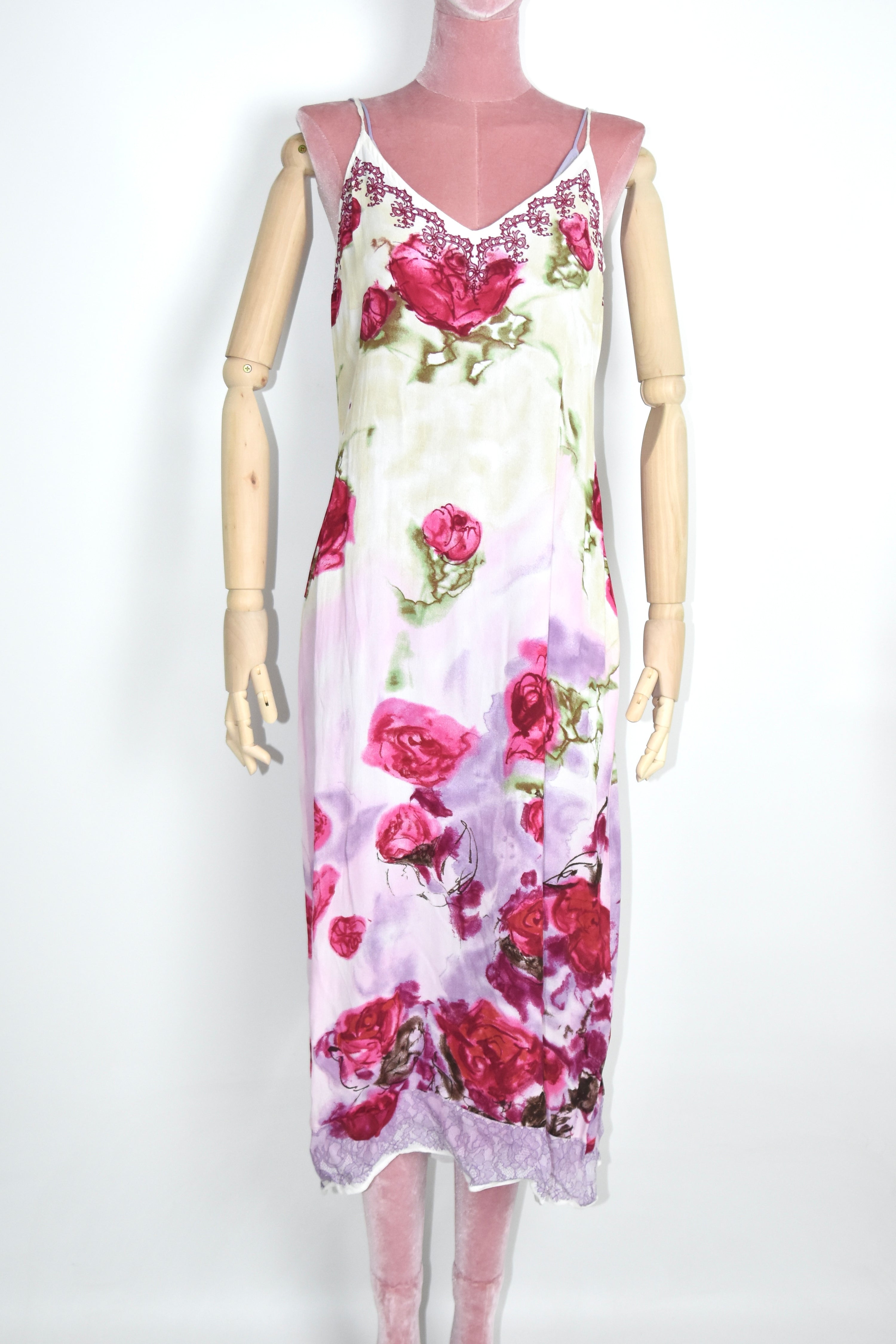 Blumarine F/W 1997 Rose-Print Layered Hooded Slip Dress