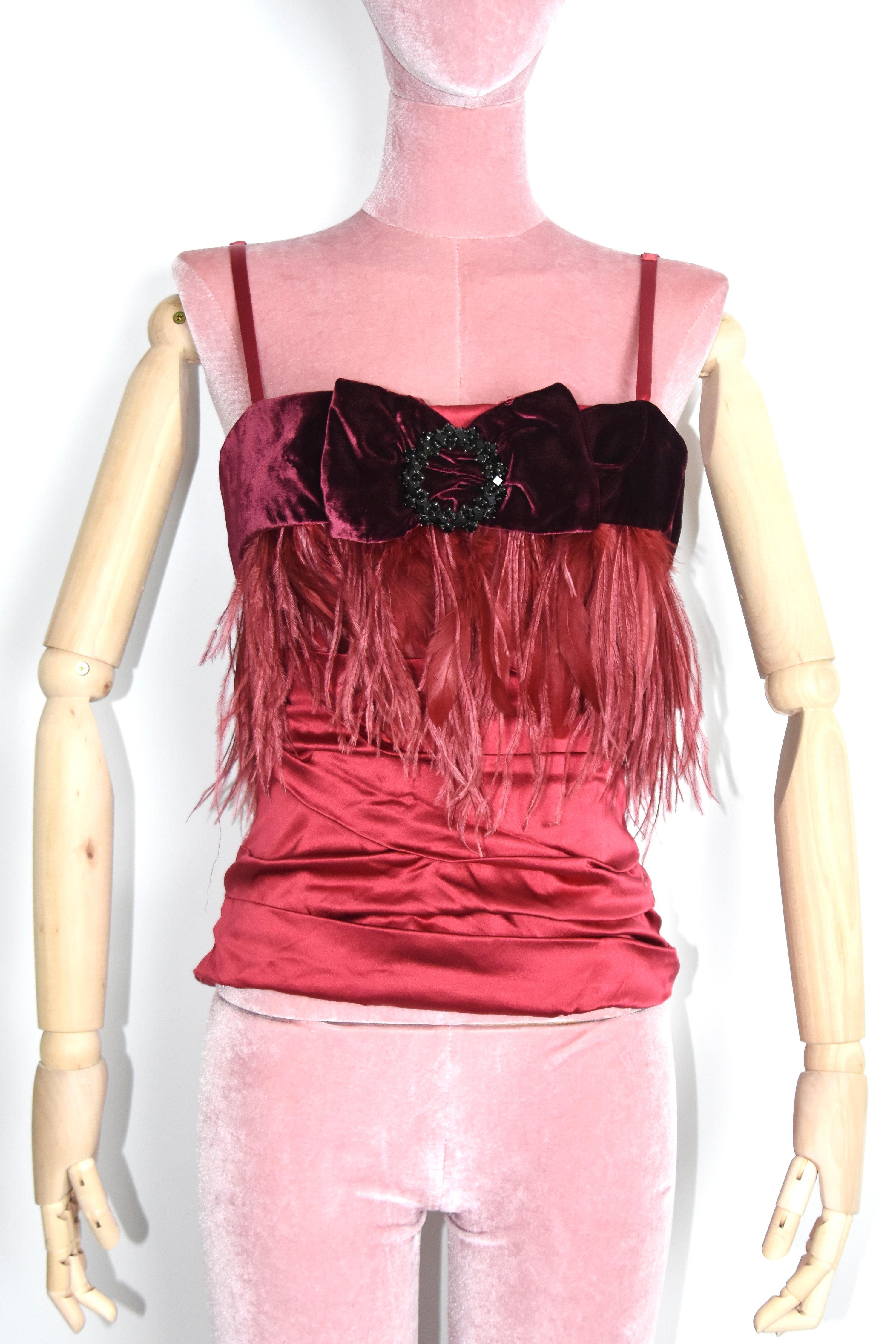 Dolce & Gabbana F/W 2002 Burgundy Velvet Ostrich Feather Corset