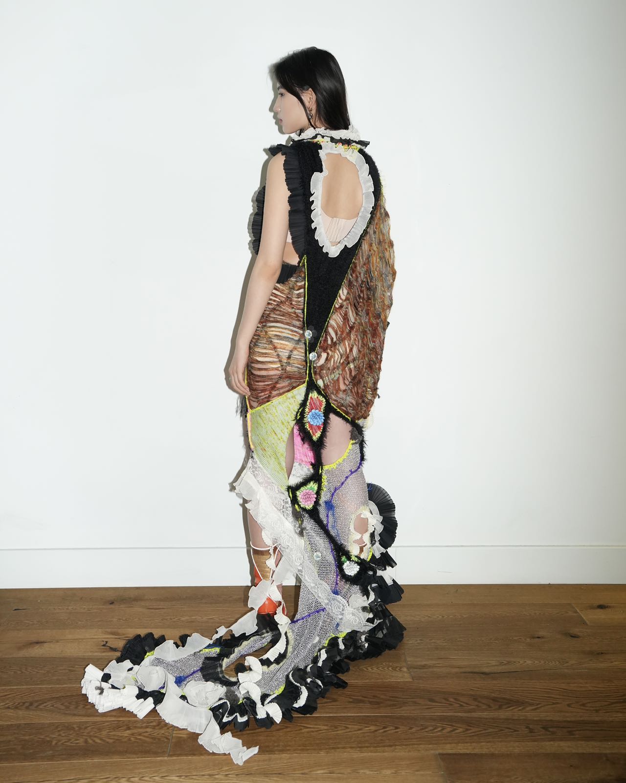 YAONOVA Hand-Knitted Ruffle Dress with Train