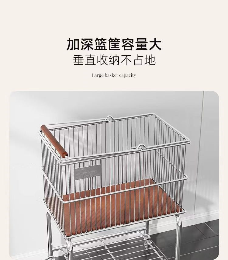 Vintage Style Double-Layer Mobile Laundry Basket for Home Bathroom Clothes Storage Bin High-Value Light Luxury Storage Rack