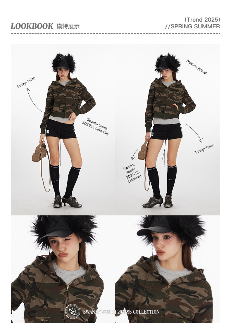 Camouflage short hot girl hooded sweatshirt for women2025Spring and Autumn Zipper Retro Cardigan Jacket