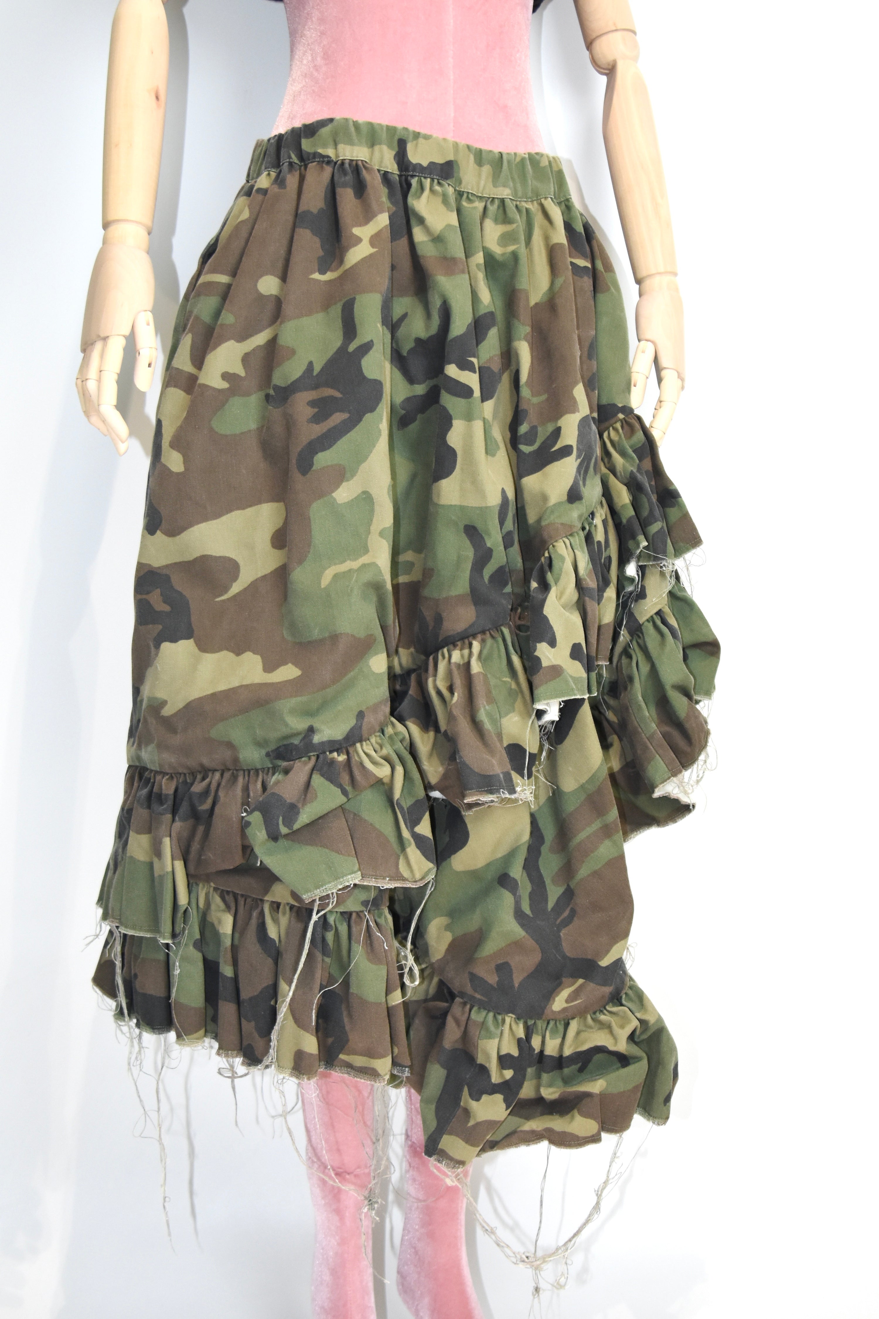 Vaquera Camouflage Ruffle Deconstructed Skirt – Asymmetric Frayed Hem, Made in USA, Elastic Waist (Fits S–M)