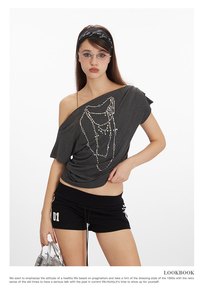 Off-shoulder design one-shoulder spicy short style T-shirt 2025 New summer short-sleeved off-shoulder top for women