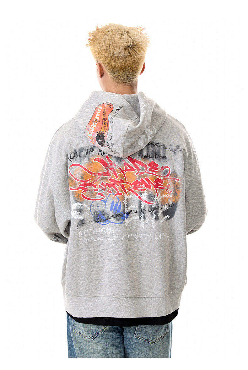 Street hip-hop graffiti sweatshirt for men and women, spring and autumn season oversize Trendy Hooded Cardigan Jacket