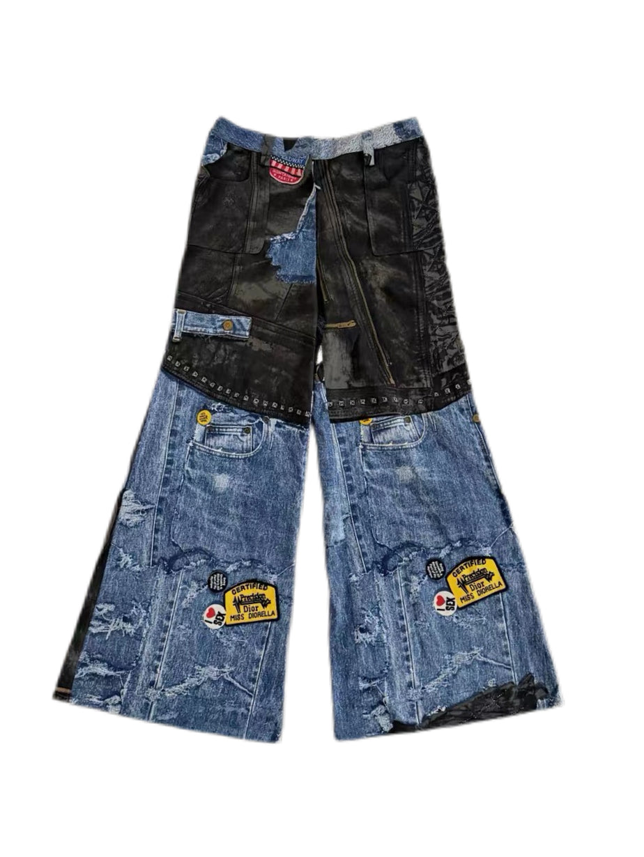 CHRISTIAN DIOR BY JOHN GALLIANO 2001 FW Miss Dior-ella Graffiti Patchwork Wide-Leg Jeans