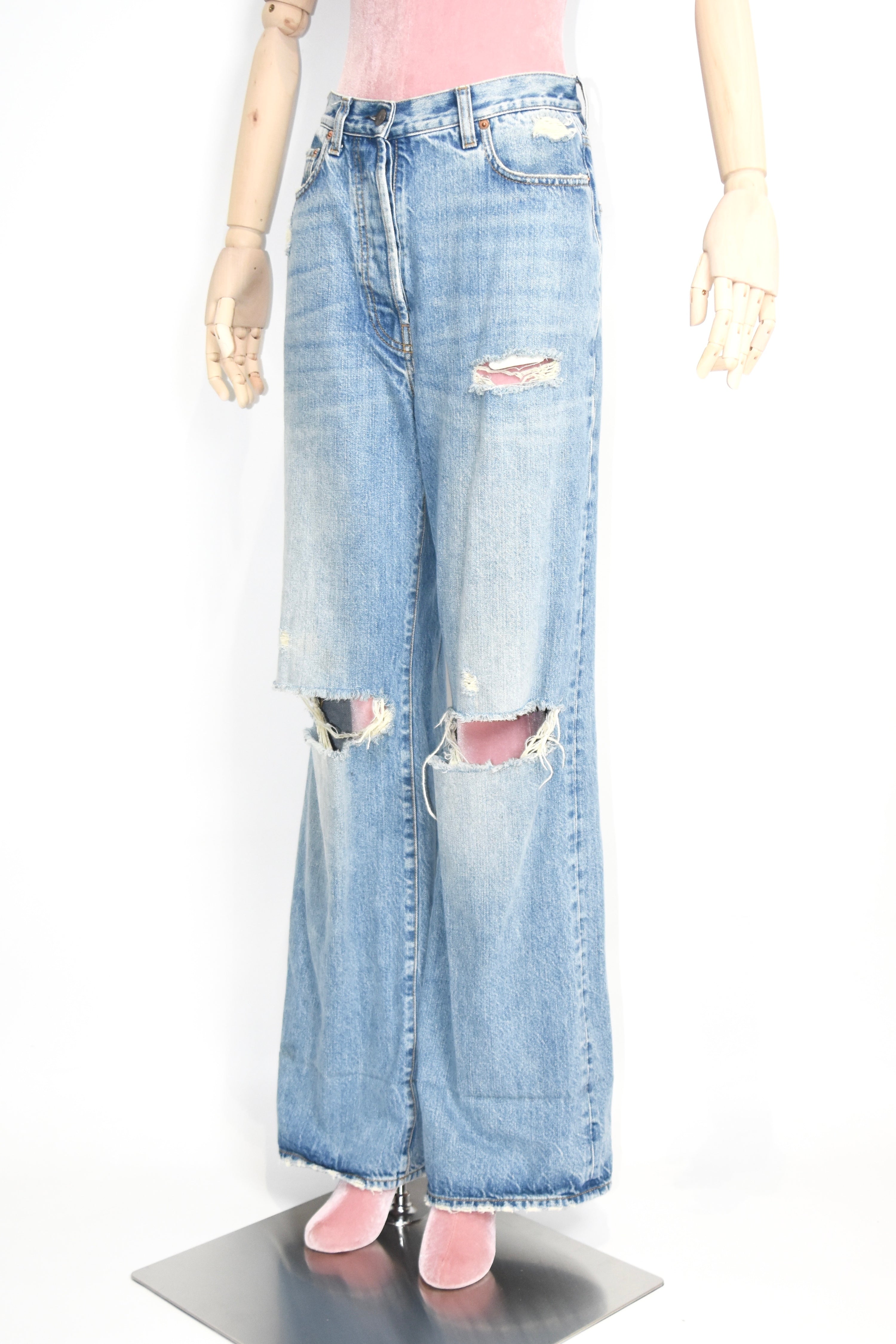 Gucci Distressed Flared Denim Jeans – Light Wash High Waist Destroyed Bootcut Pants