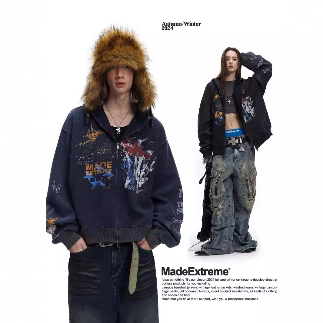 Street hip-hop graffiti sweatshirt for men and women, spring and autumn season oversize Trendy Hooded Cardigan Jacket