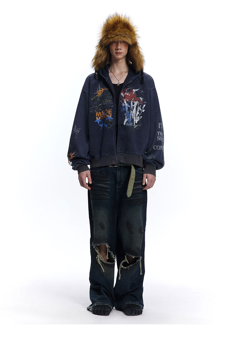 Street hip-hop graffiti sweatshirt for men and women, spring and autumn season oversize Trendy Hooded Cardigan Jacket