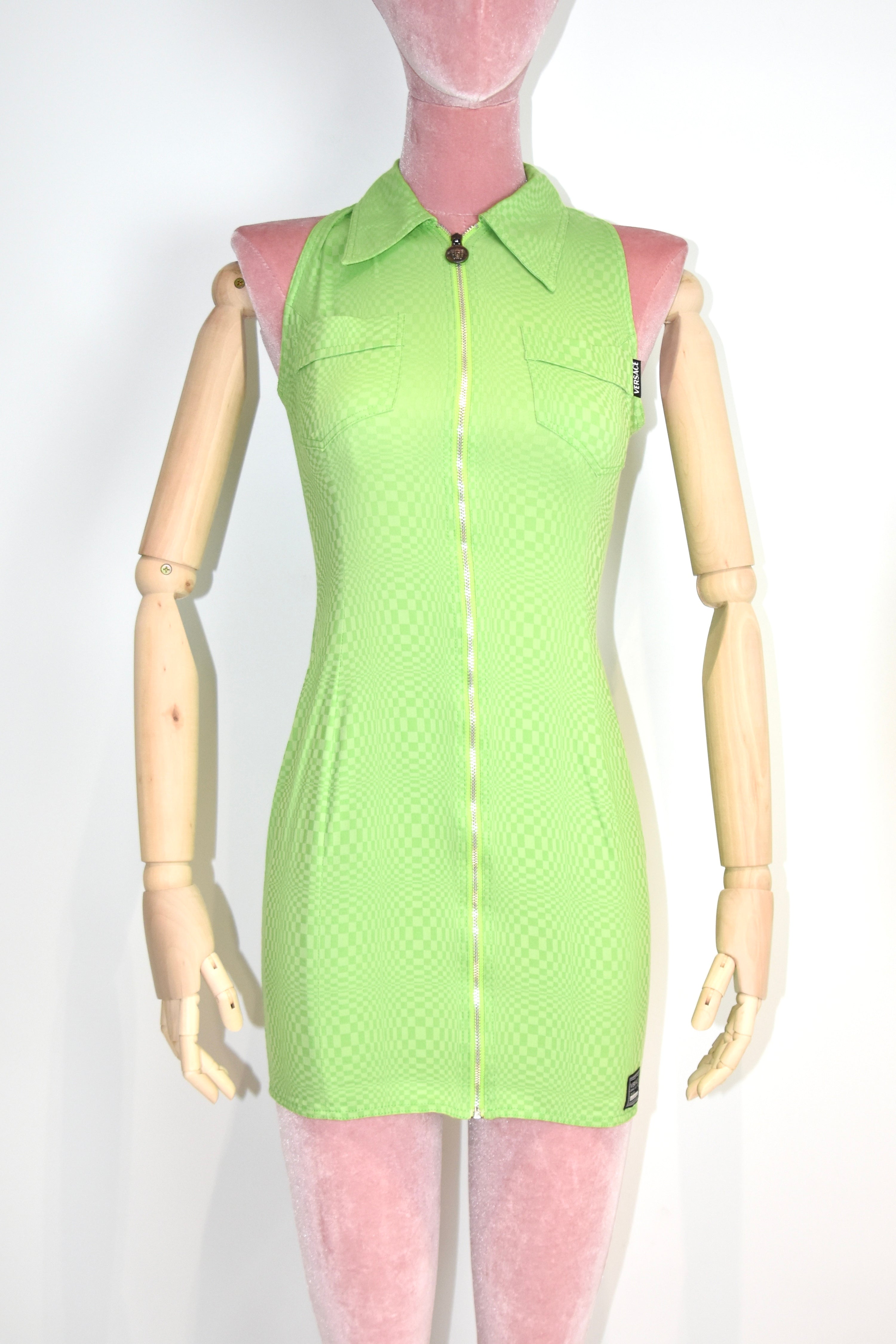 Versace Jeans Couture Green Checkered Zip-Up Sleeveless Mini Dress – Y2K Vintage Italy