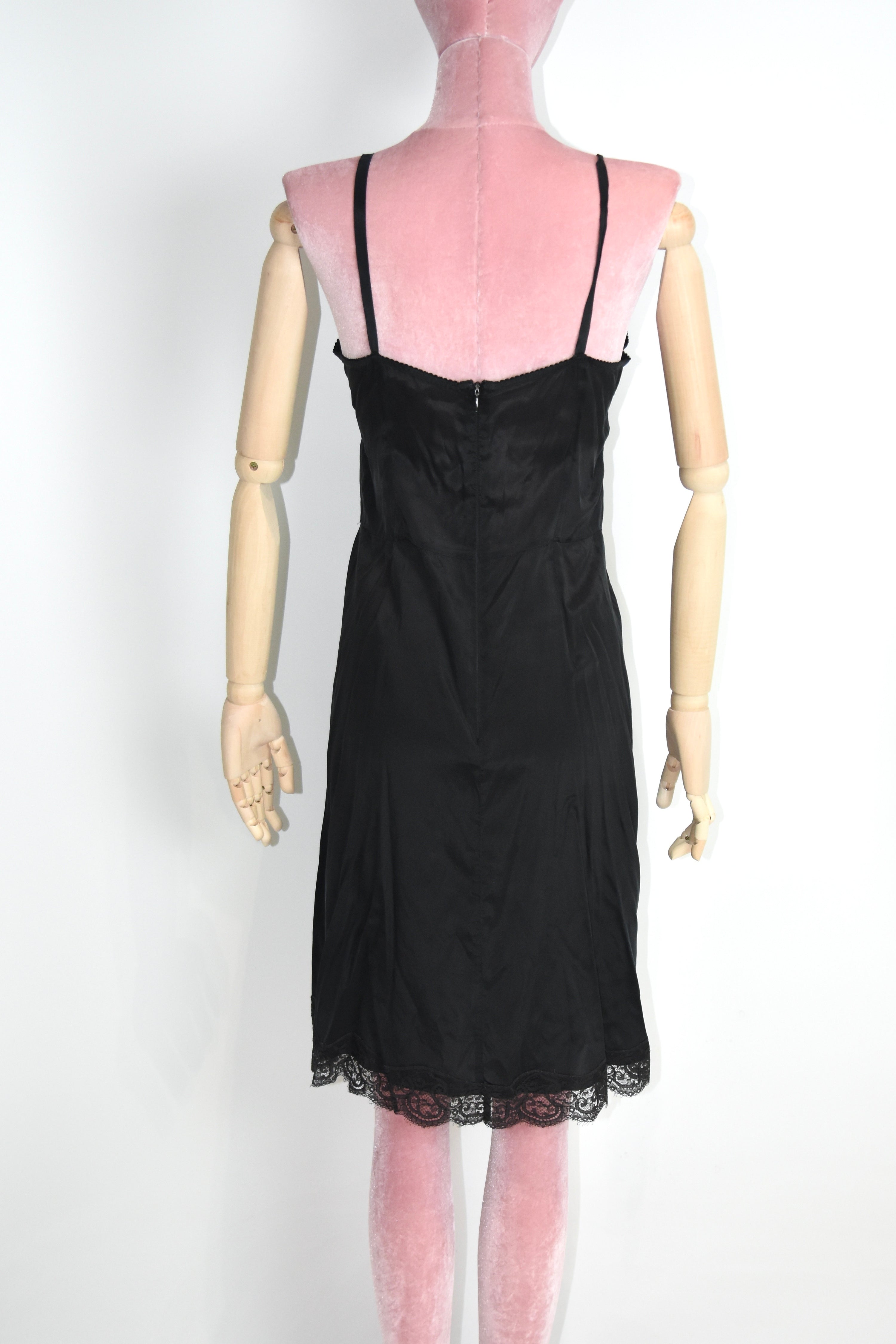 Dolce & Gabbana Black Silk Slip Dress with Lace Hem