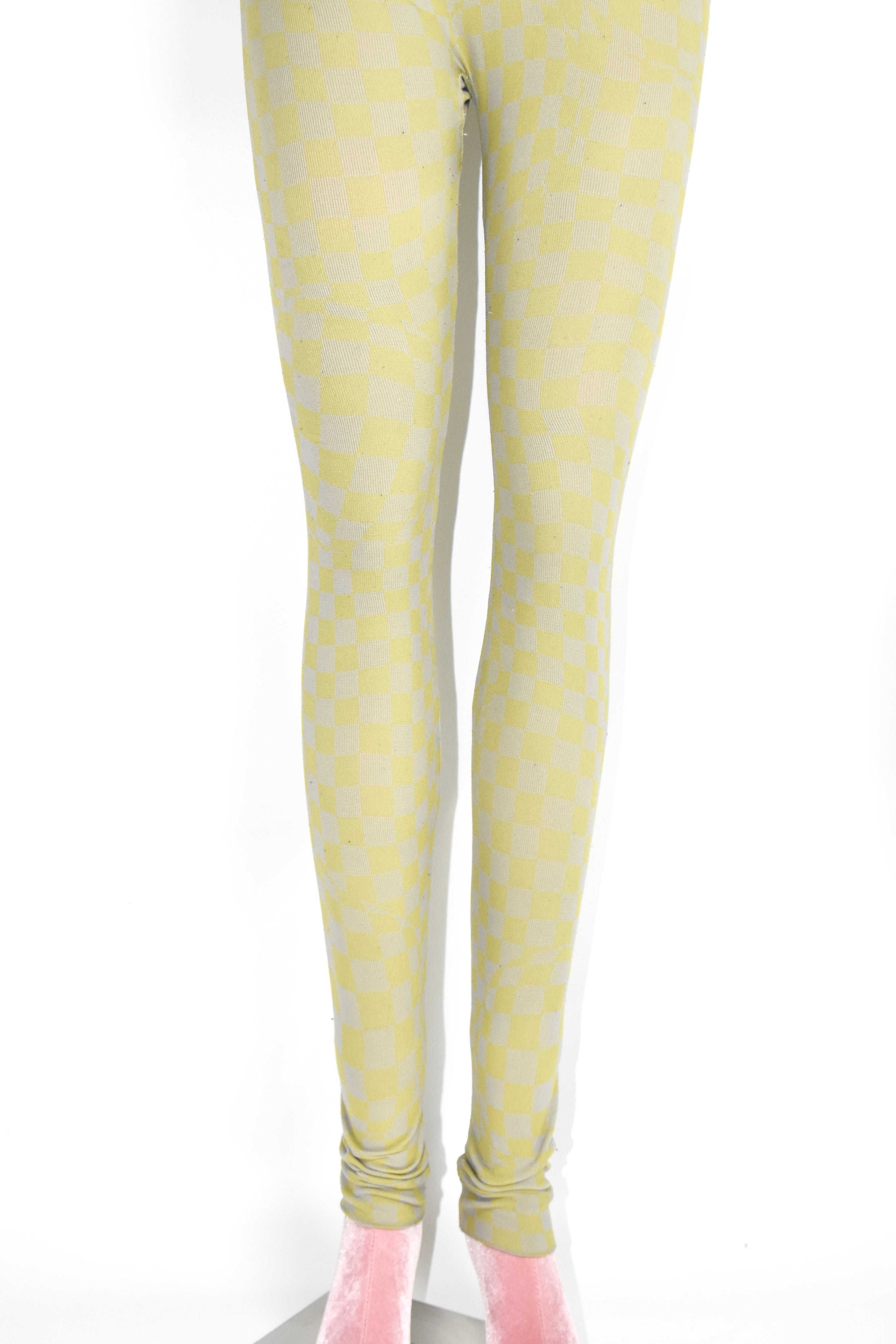 Off-White Yellow-Grey Checkered Knit Leggings