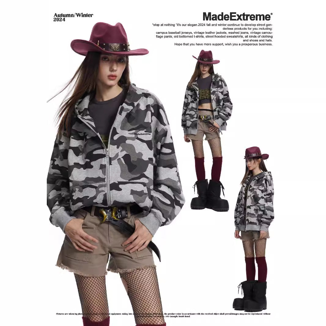 Grey Camouflage Loose Hooded Sweatshirt Autumn Jacket for Men and Women