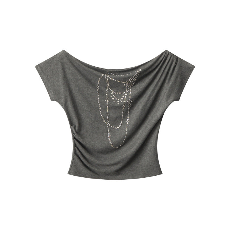 Off-shoulder design one-shoulder spicy short style T-shirt 2025 New summer short-sleeved off-shoulder top for women