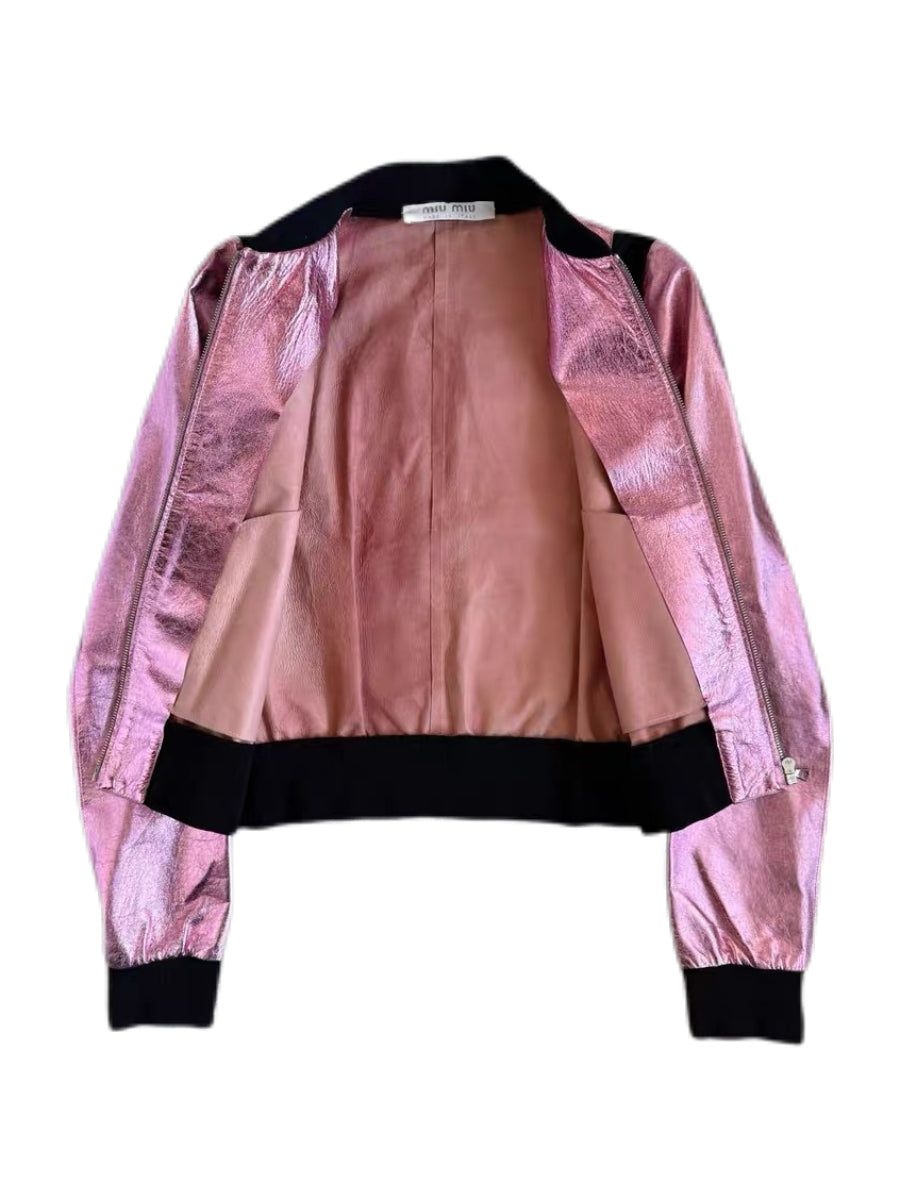 MIU MIU Metallic Pink Leather Bomber Jacket
