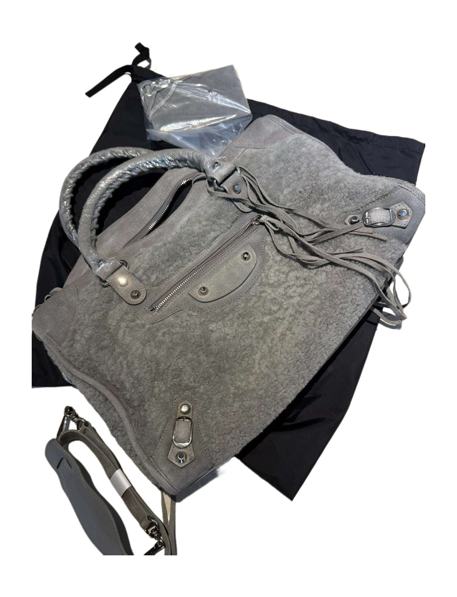 BALENCIAGA Rare Grey Shearling Suede City Bag — Medium