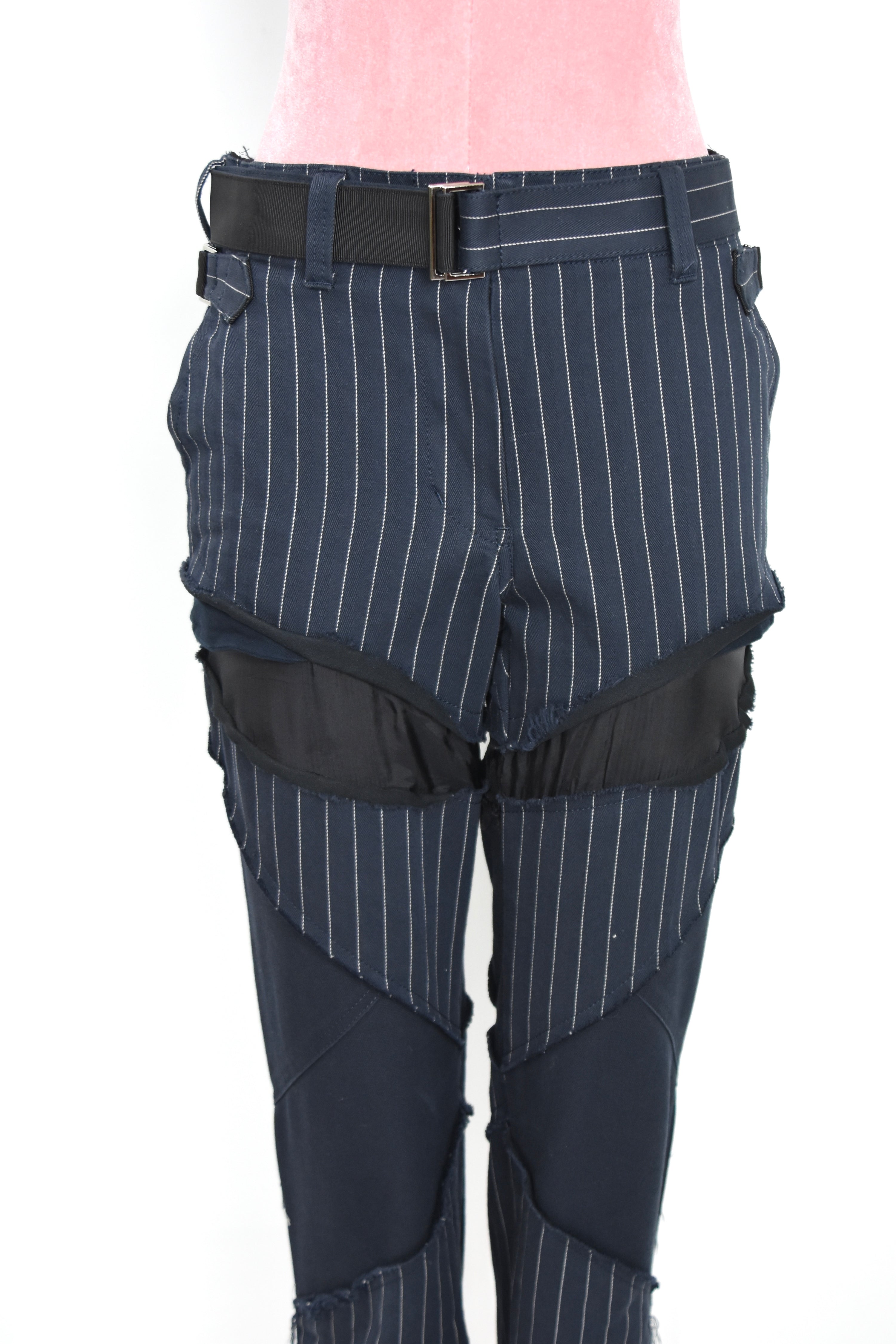 SACAI Hybrid Pinstripe Panel Deconstructed Pants – Model 18-03791 – Size 0 (Runway Construction / Japan Made)