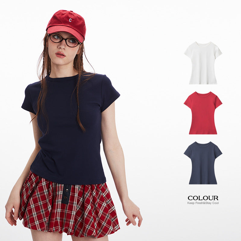 Basic Style Solid Color t Women's Short Sleeve Slim Fit Round Neck Short Top Summer