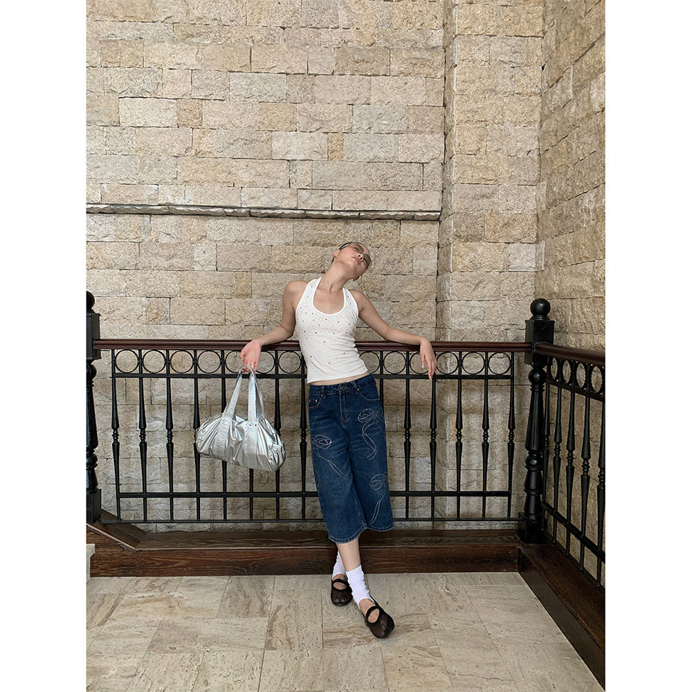 Rhinestone Bowknot Denim Shorts for Women Summer Shiny Wide-Leg Capri Pants