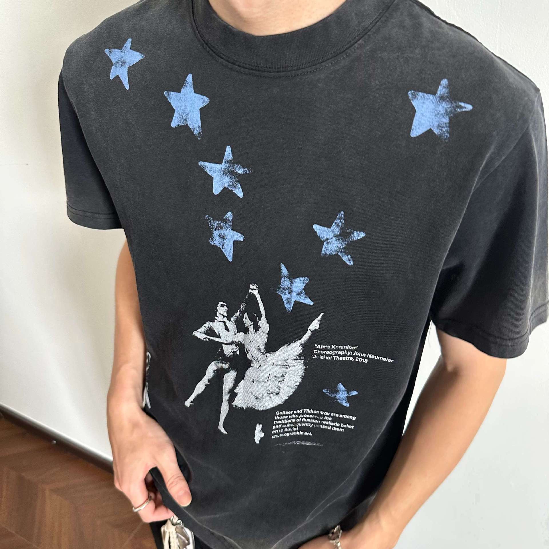Men's Blue Star Dance Shadow Batik Cotton Washed Vintage Distressed Craft Print Summer Short Sleeve T-shirt