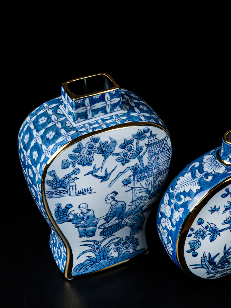 Oriental Paris Blue and White Porcelain Grisaille New Chinese Style Ink Painting Gold-Embossed Color Porcelain Vase Ornament