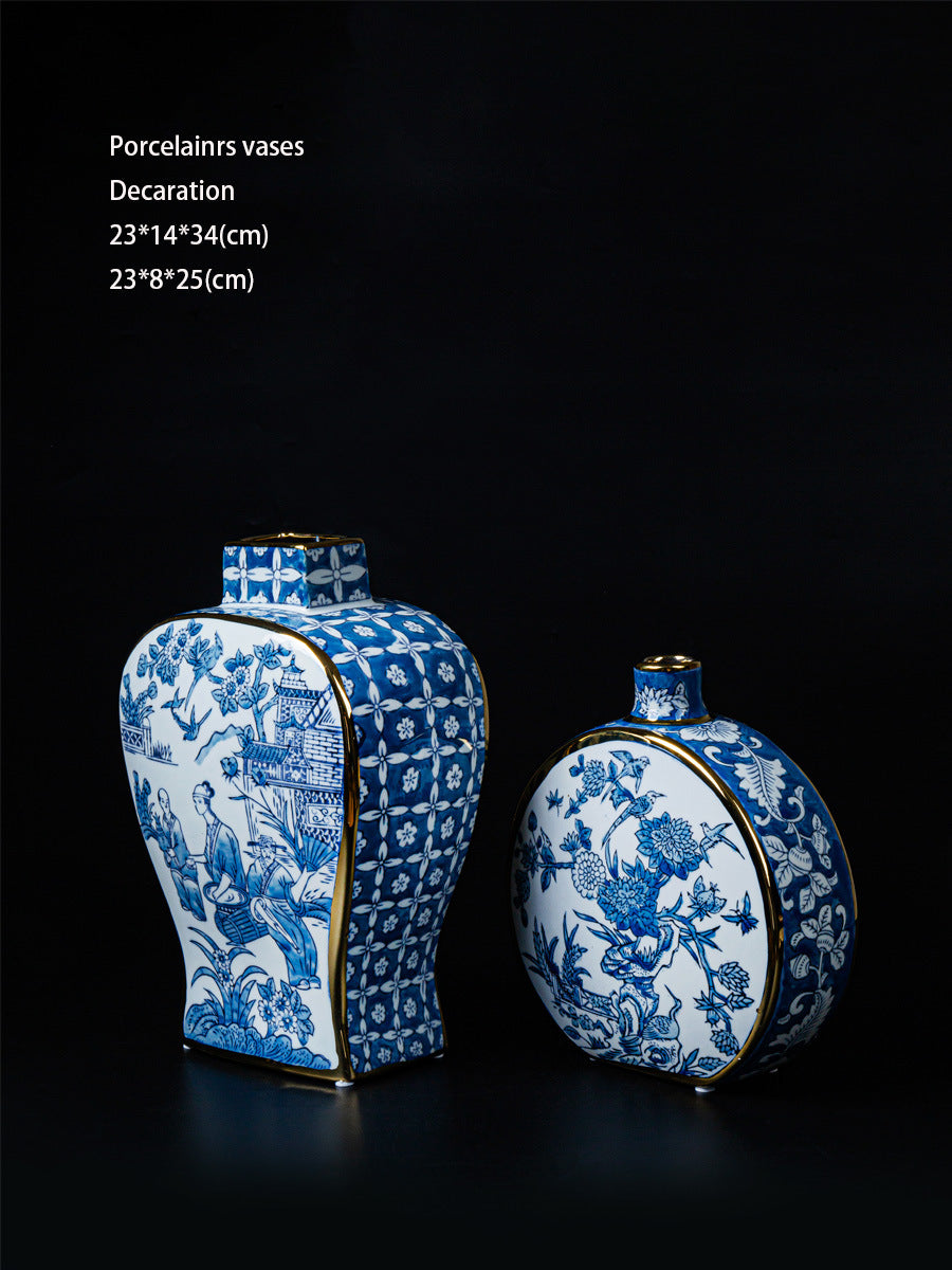 Oriental Paris Blue and White Porcelain Grisaille New Chinese Style Ink Painting Gold-Embossed Color Porcelain Vase Ornament