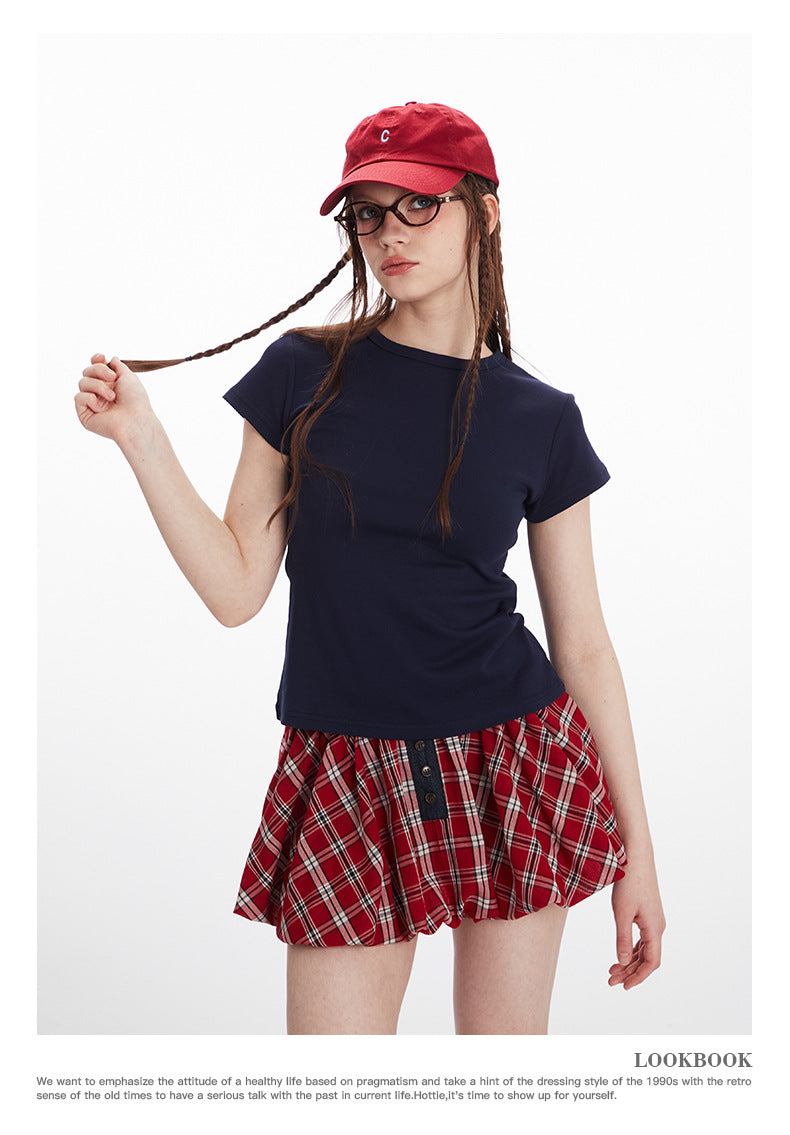 Basic Style Solid Color t Women's Short Sleeve Slim Fit Round Neck Short Top Summer