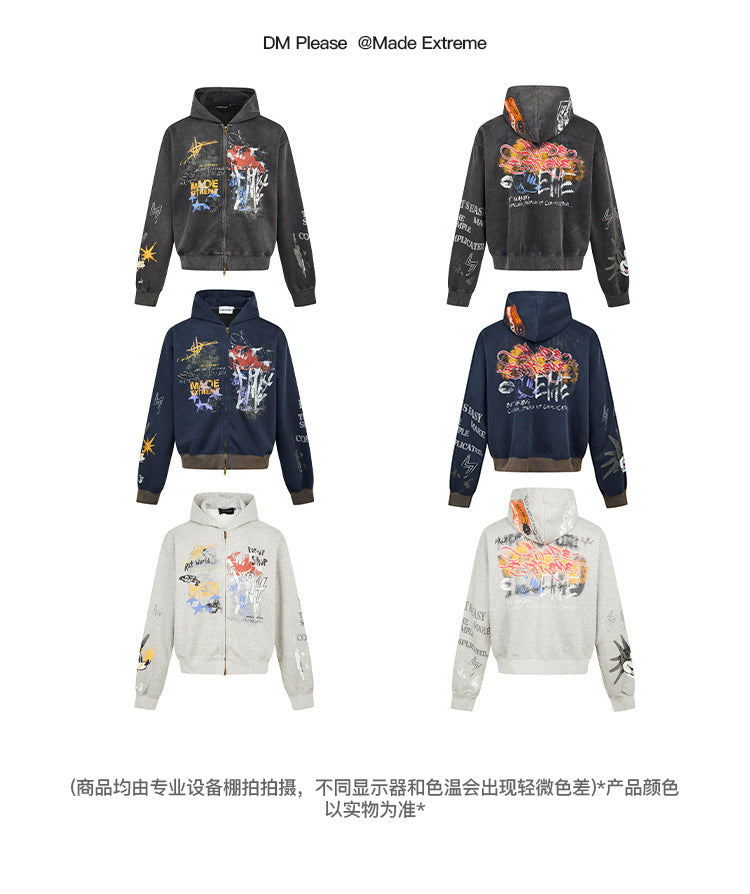 Street hip-hop graffiti sweatshirt for men and women, spring and autumn season oversize Trendy Hooded Cardigan Jacket