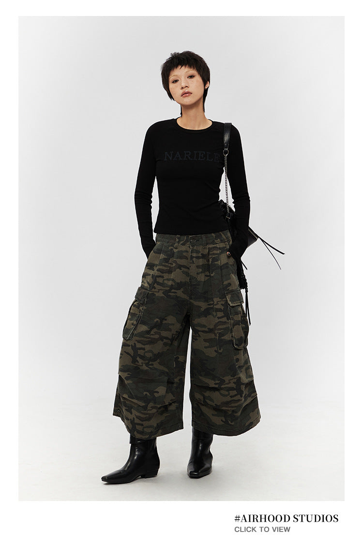 Retro Loose Camouflage Capri Pants American Style Casual Jeans for Men and Women High Street