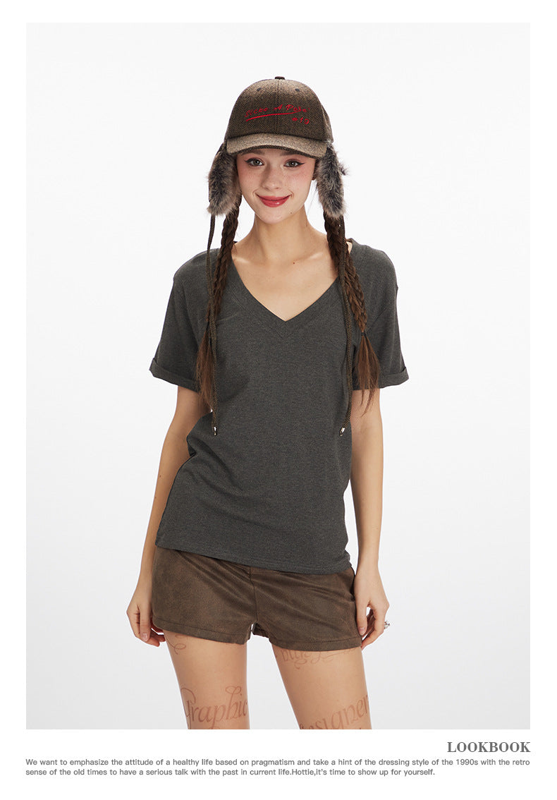 Simple Hot Girl Slimming Solid Color Top Slim Fit V Versatile Basic Short Sleeve Shirt T Women's T-shirt