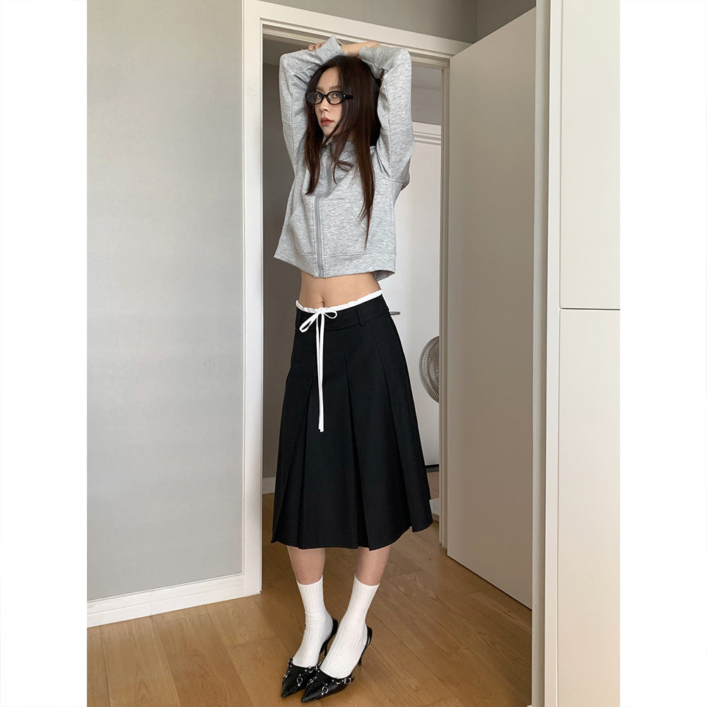 Casual Korean Style Color-Block Drawstring Midi Skirt for Women Autumn Mid-Length A High Waist Slimming Pleated Skirt for Women
