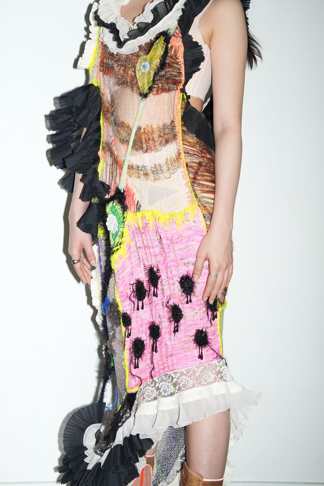 YAONOVA Hand-Knitted Ruffle Dress with Train
