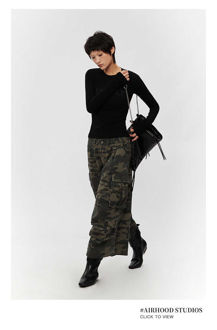 Retro Loose Camouflage Capri Pants American Style Casual Jeans for Men and Women High Street