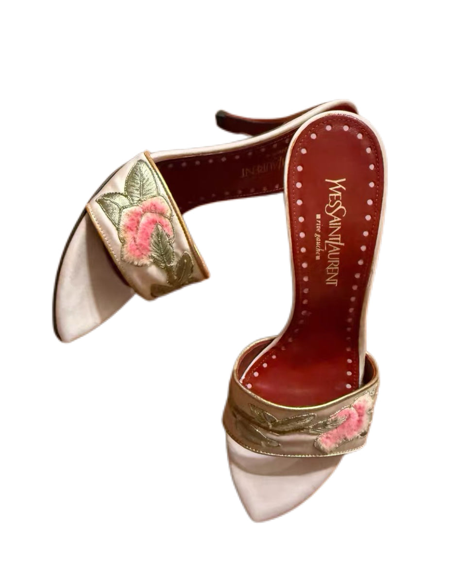 Yves Saint Laurent 2004 Runway Rose Embroidered Vintage Mule Heels