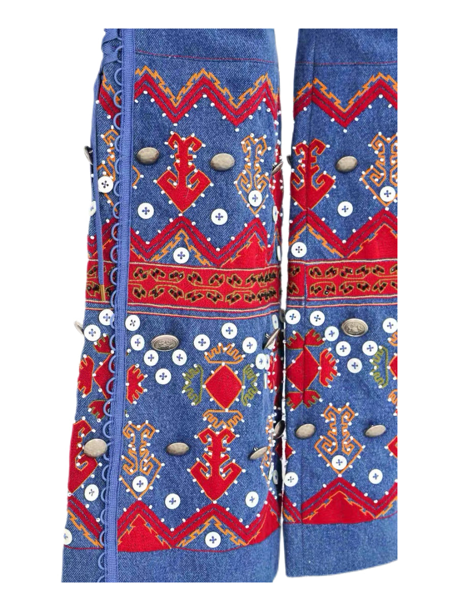 CHRISTIAN DIOR BY JOHN GALLIANO 2002 Runway Embroidered Denim Lace-Up Trousers with Mother-of-Pearl & Metal Waist Plaque