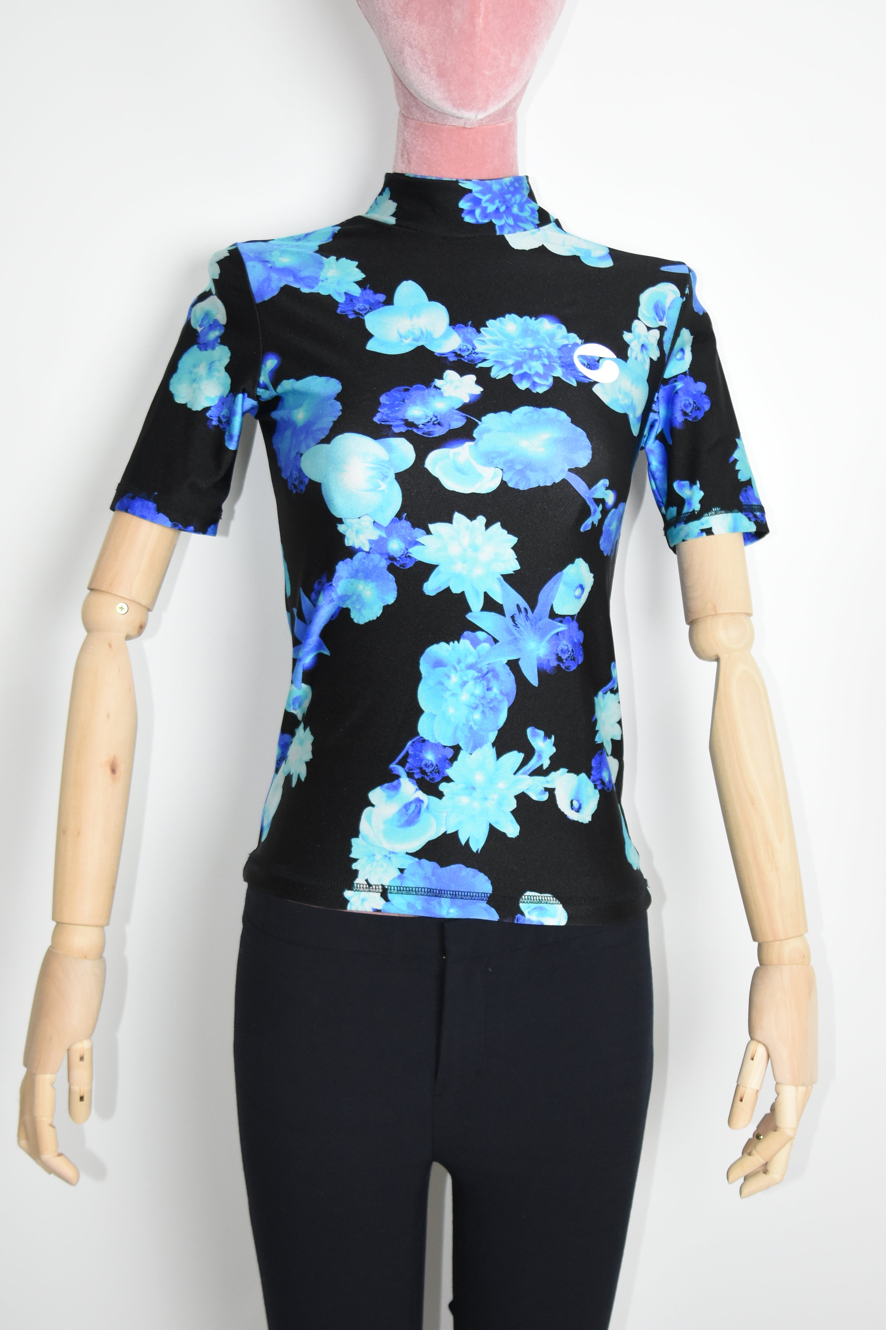 Coperni Blue Floral Stretch Glossy Top – Women’s Size S (Digital Print / Mock Neck / Technical Jersey)